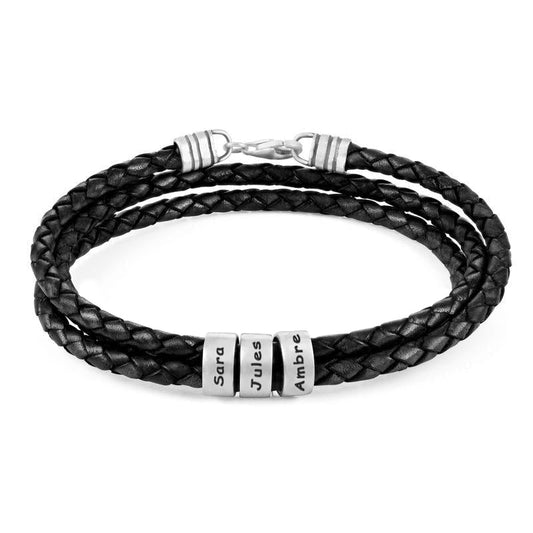 Pulsera de Hombre de Cuero Negro – Personalizable con Acabados en Plateado o Oro 